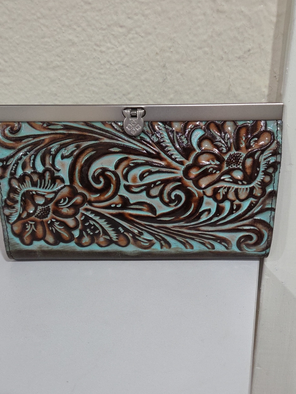 Patricia Nash Tooled Floral Leather Clutch Wallet in Turquoise and Brown